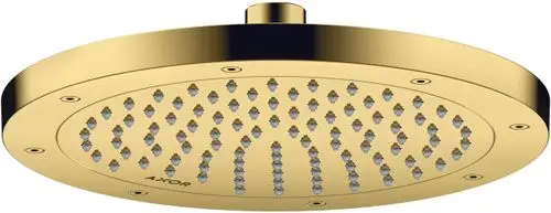 Kopfdusche von AXOR in glänzendem Gold mit gleichmäßig angeordneten Wasserstrahldüsen auf einer runden, flachen Oberfläche.